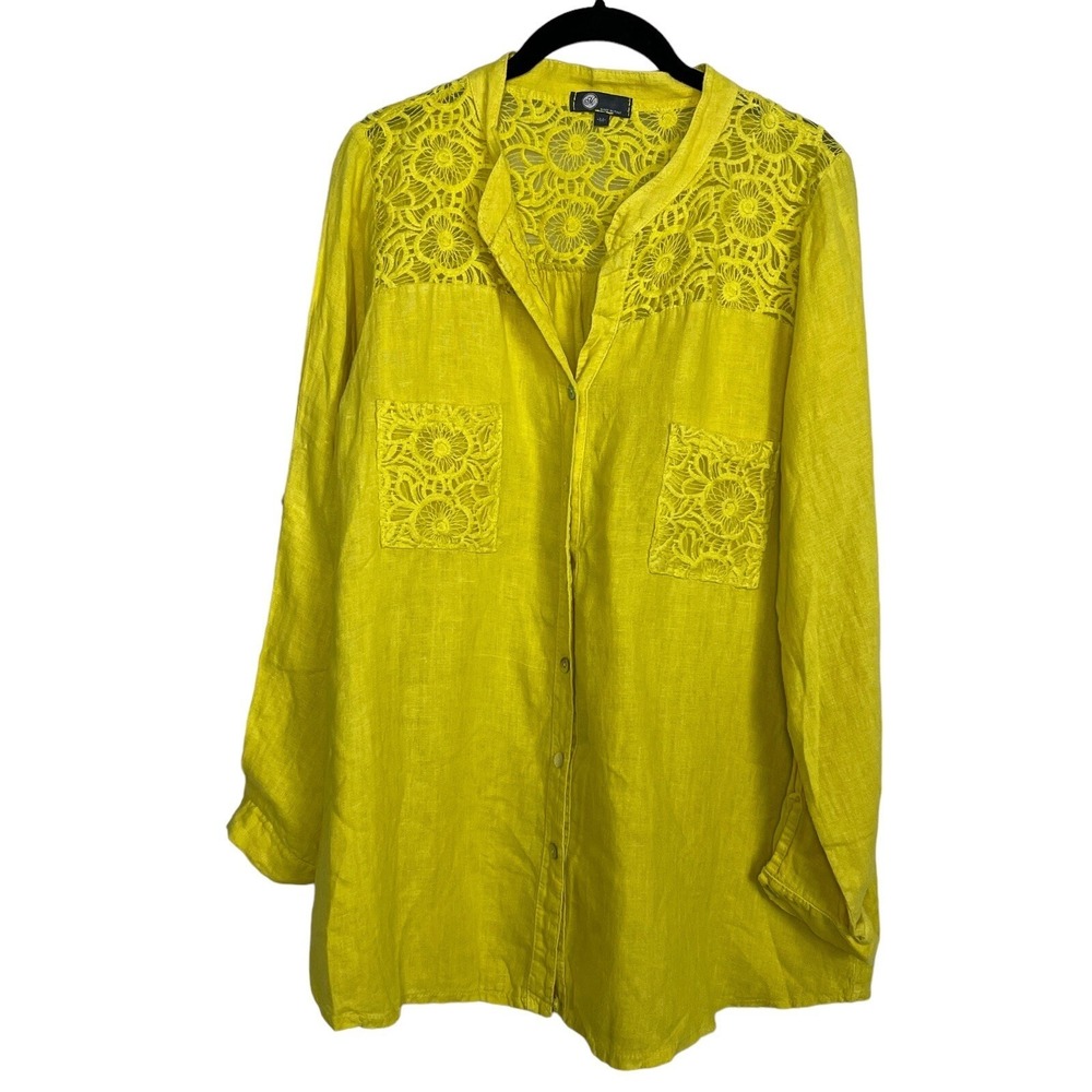 Made in‎ Italy Yellow Linen Lace Shirt M Lagenlook Coastal Boho Coastal Grandma